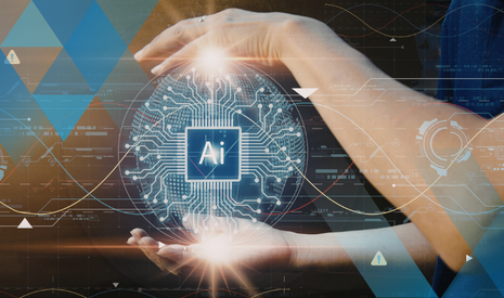 image of arms holding digital globe type object with data lines and words AI